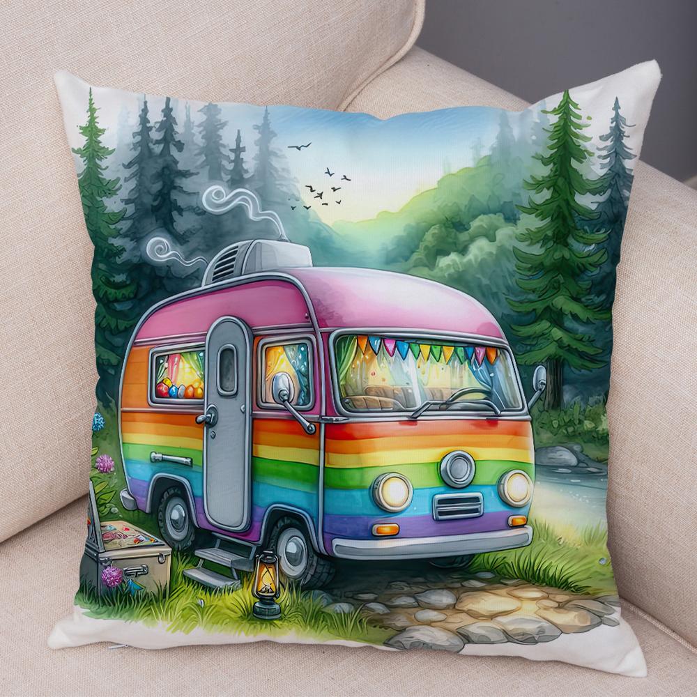 Happy Campers Pillow Case Double Print Decor Cartoon House Travel Car Cushion Cover for Sofa Home Soft Plush Pillowcase
