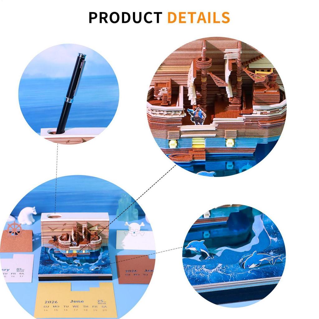 2026 3D Calendar Pirate Ship 3D Calendar 3D Paper Sculpture Art Notepad Calendar Tear Away 3D Paper Calendar Creative Ornament