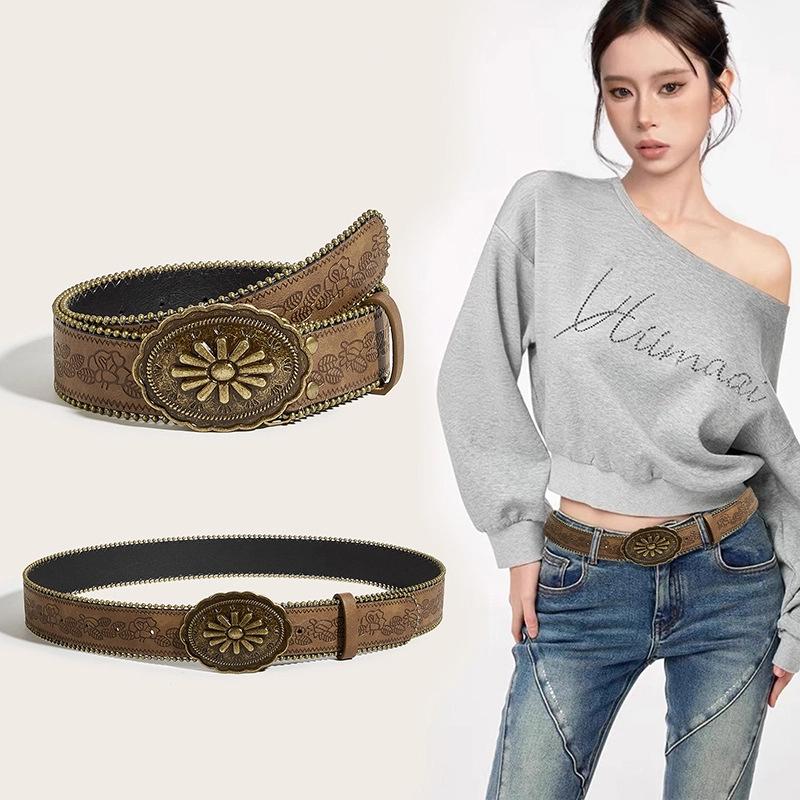 Vintage Carved Buckle Pu Wide Belts Boho Brown Embossed Waistband Western Jeans Pants Belt