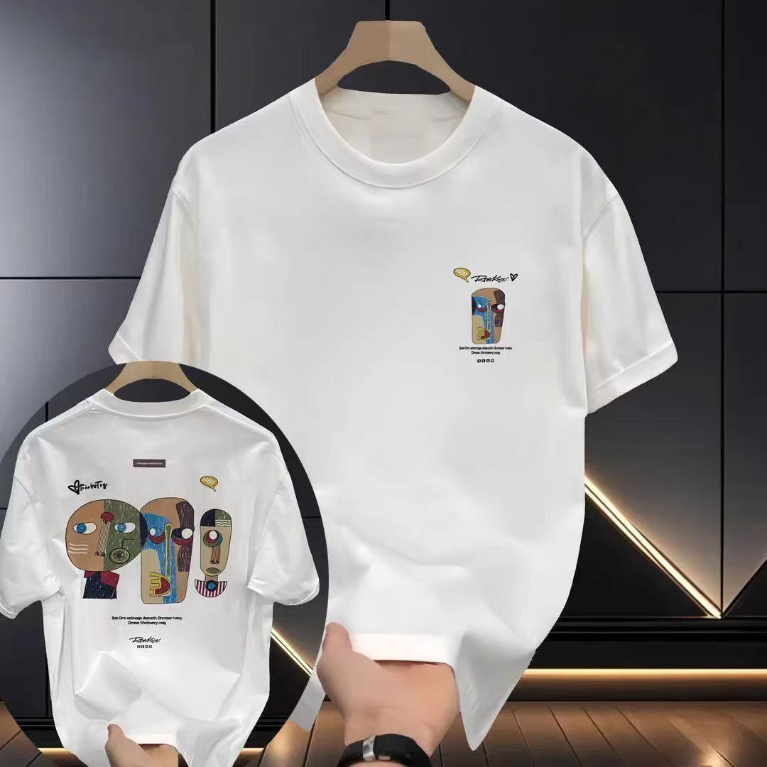 

Men s summer loose plus size bottoming shirt retro-style printed top youth trend round neck cotton short-sleeved T-shirt S