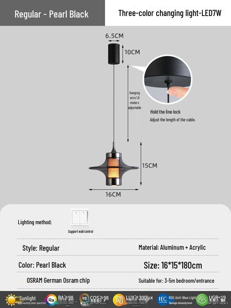 

Luxury Adjustable Bedside Pendant Light for Bedroom, Bar, or Foyer Decor Eye Protection - Flicker-Free - Three Color Light