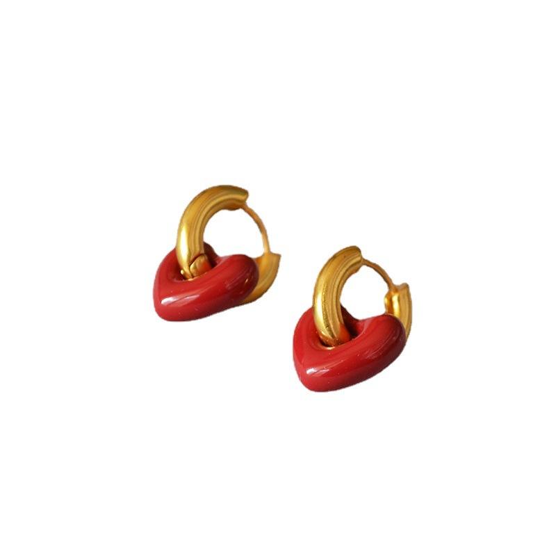 Korean Version Of Fashionable Retro Red Thick Fat Small Love Handmade Enamel Glaze Personality Niche Temperament U-Shaped Earrings Earrings