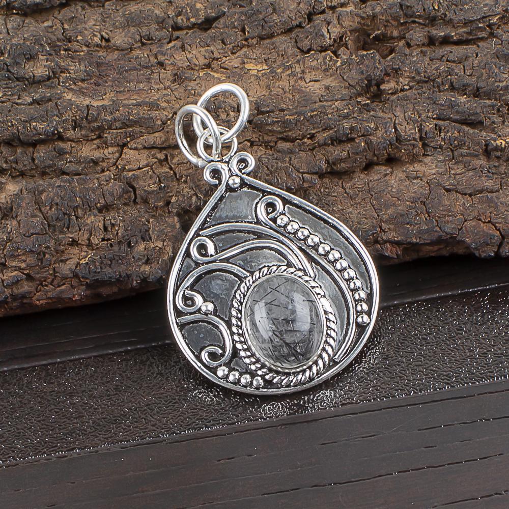 Šperky z drahokamu černého rutilu, Pevný přívěsek ze sterlingového stříbra 925, Krásný stříbrný přívěsek, Ručně vyráběné bohémské šperky jako svatební dar