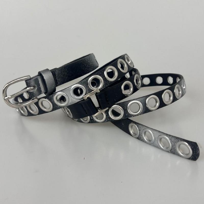 Punk Large Eyelet Waist Belt Fashionable Gradient Silver Gray Waistband for Women Party Wear Extra Long Slim Design Belt