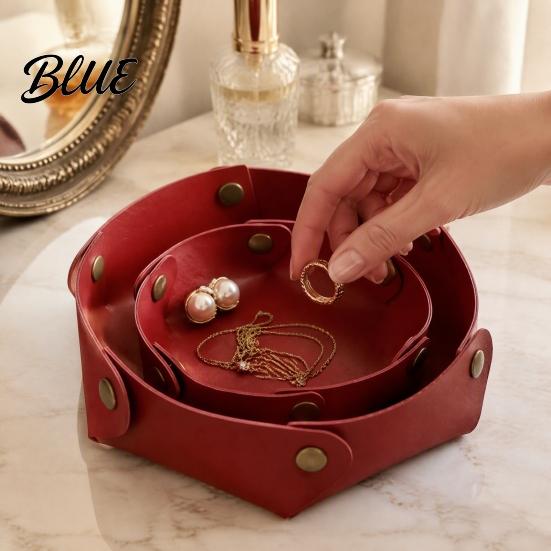 Modern Office Desk Decor PU Leather Folding Storage Tray, Waterproof Portable Jewelry Dish, Dresser Top Organizer Retro Rivet Desktop Tray for