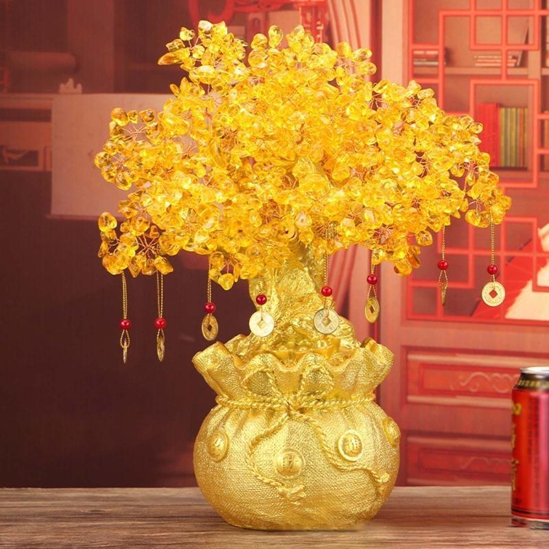 62KD Yellow Crystal Money Tree Ornament Chinese Feng Shui Lucky-Tree Decorations Gift