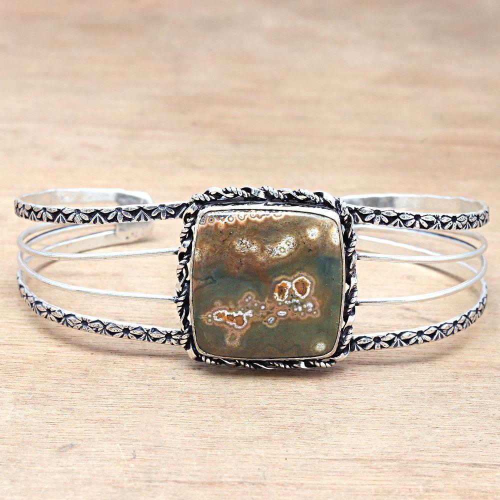 Ocean Jasper Gemstone Antique Silver Jewelry Cuff Bracelets 7''Adjustable