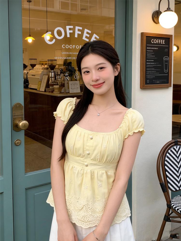 

Summer Lace Floral Embroidery Short Sleeve Women s Fashion Top Small светло-желтого