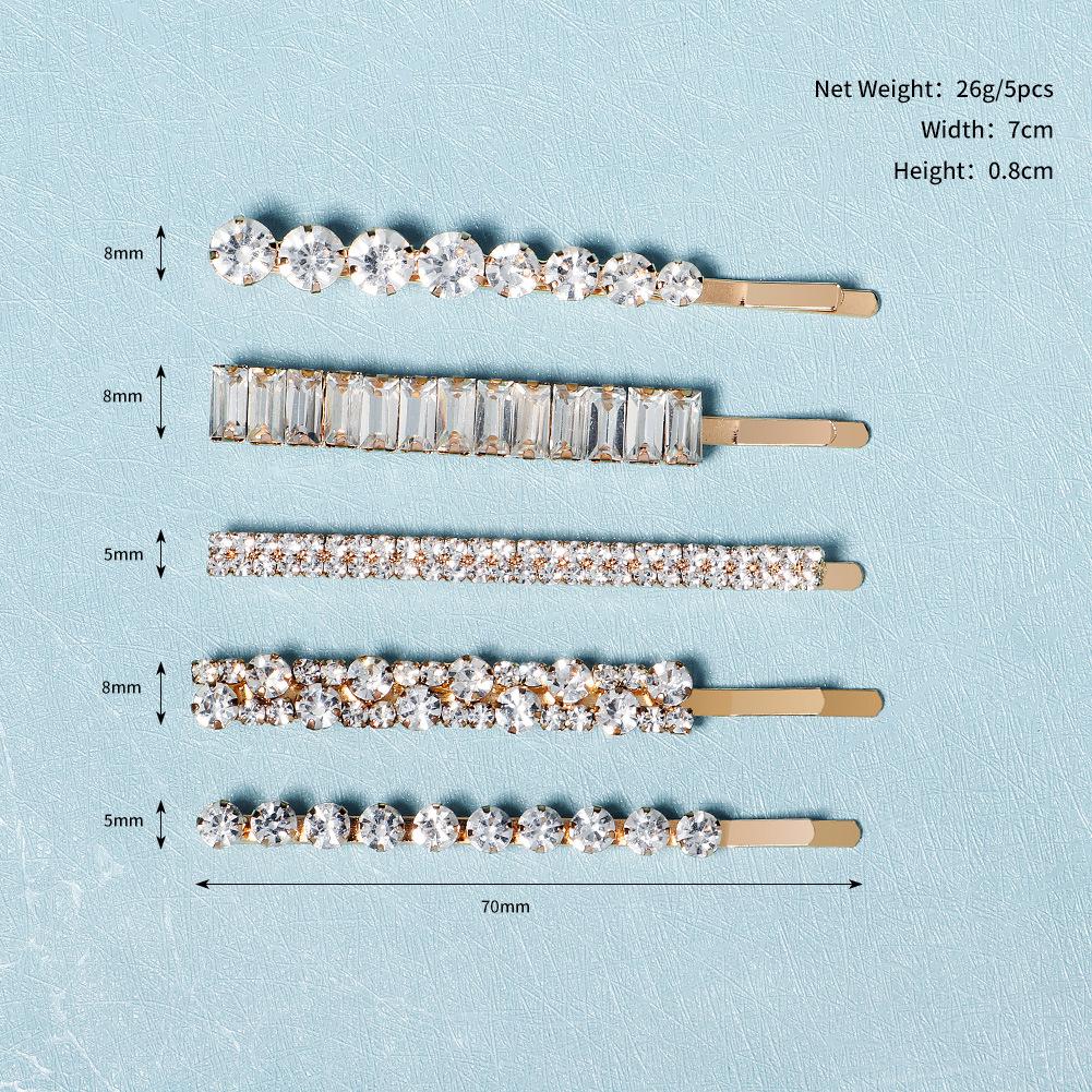 

5Pcs Geometric Rhinestone Metal Hair Clips Elegant Daily Bangs Pin Set Versatile One Word Clip For Women Girls