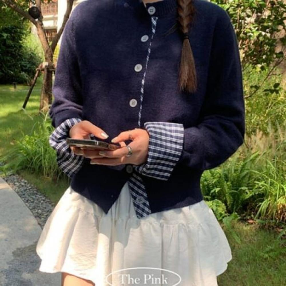 The Pink Check Shirt Layered Color Knit Cardigan