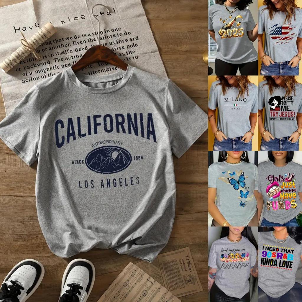 Light Grey Women's Short-Sleeved European and American Style Top with Picture