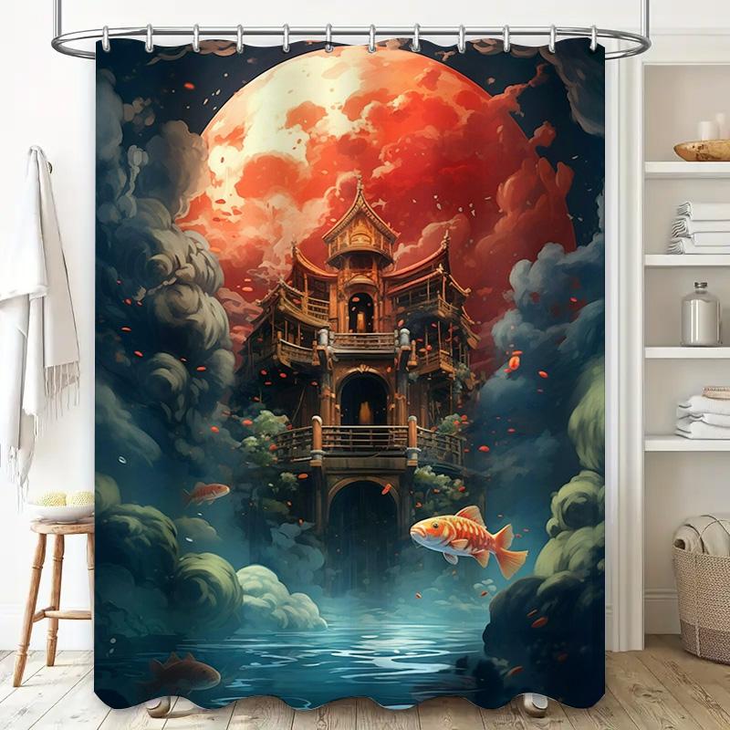 Fantasy Castle Bath Curtain With Moonlit Night Fish Swimming Print Waterproof Shower Decorative Fabric Umbrella Tents