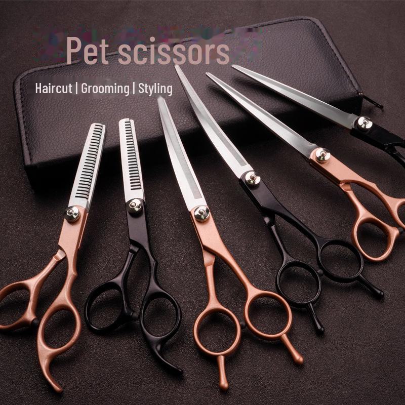 Professional 7-Inch Dog Grooming Scissor Set: Flat, Tooth, Curling, and Thinning Scissors for Trimming and Shaping