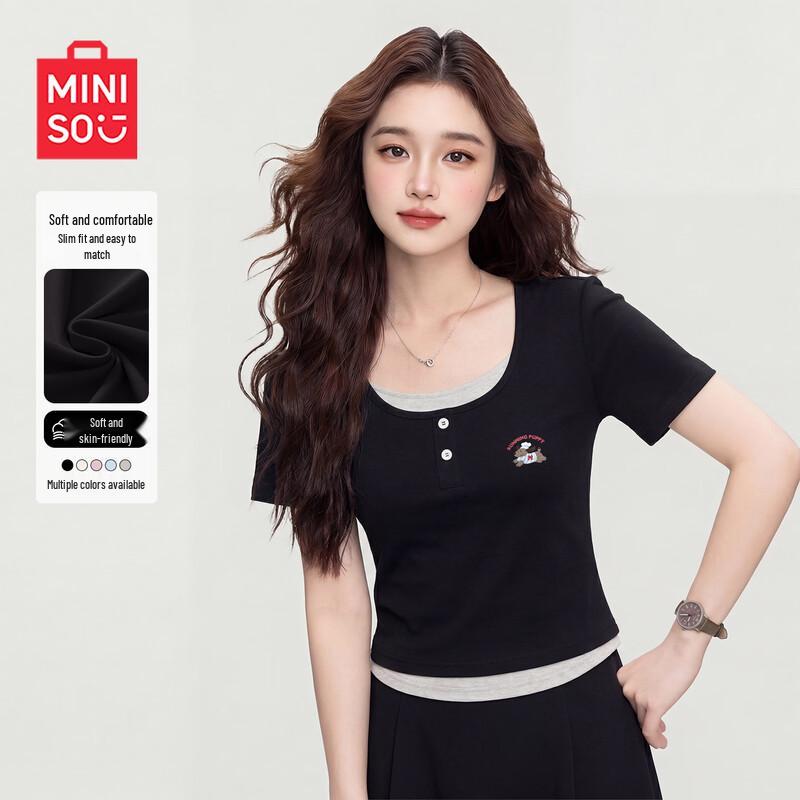MINISO Women s Slim Fit Short Sleeve Henley T-shirt S