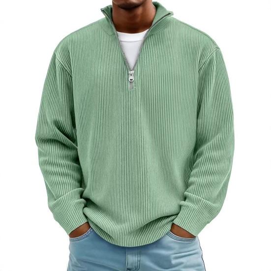 Men Quarter Zip Sweatshirt Long Solid Color Ribbed Sleeve Stand Collar Top Casual Loose Pullover Shirt