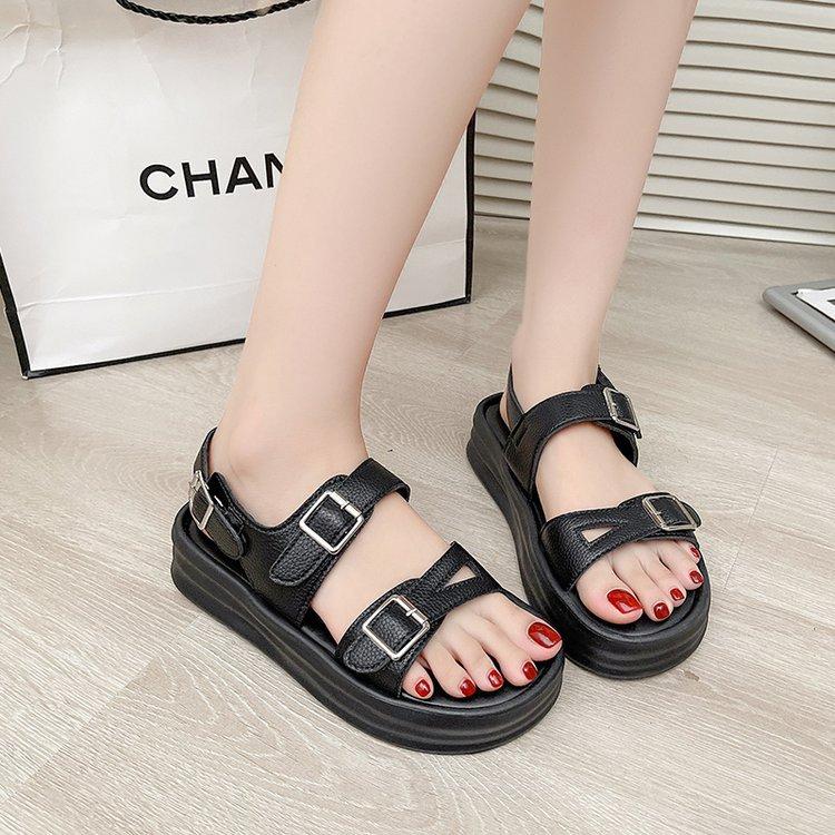 2025 Summer New Fashion Open-toed Women's Sandals One-word Buckle Strap Flat Middle Heel Empty Sandals Fairy Style Women's Shoes