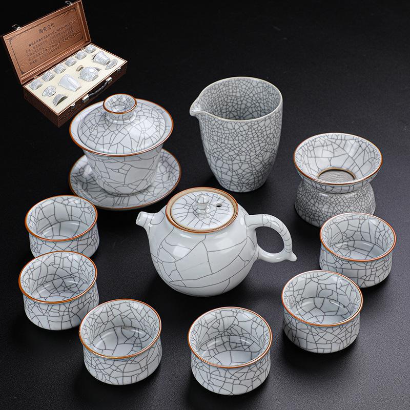 Handed Down Ru Kiln Kung Fu Tea Set Household Living Room Ceramic Teapot Ice Cracked Cicada Wing Open Light Luxury Teacup Gift 11piecesstyleteapotyuebai
