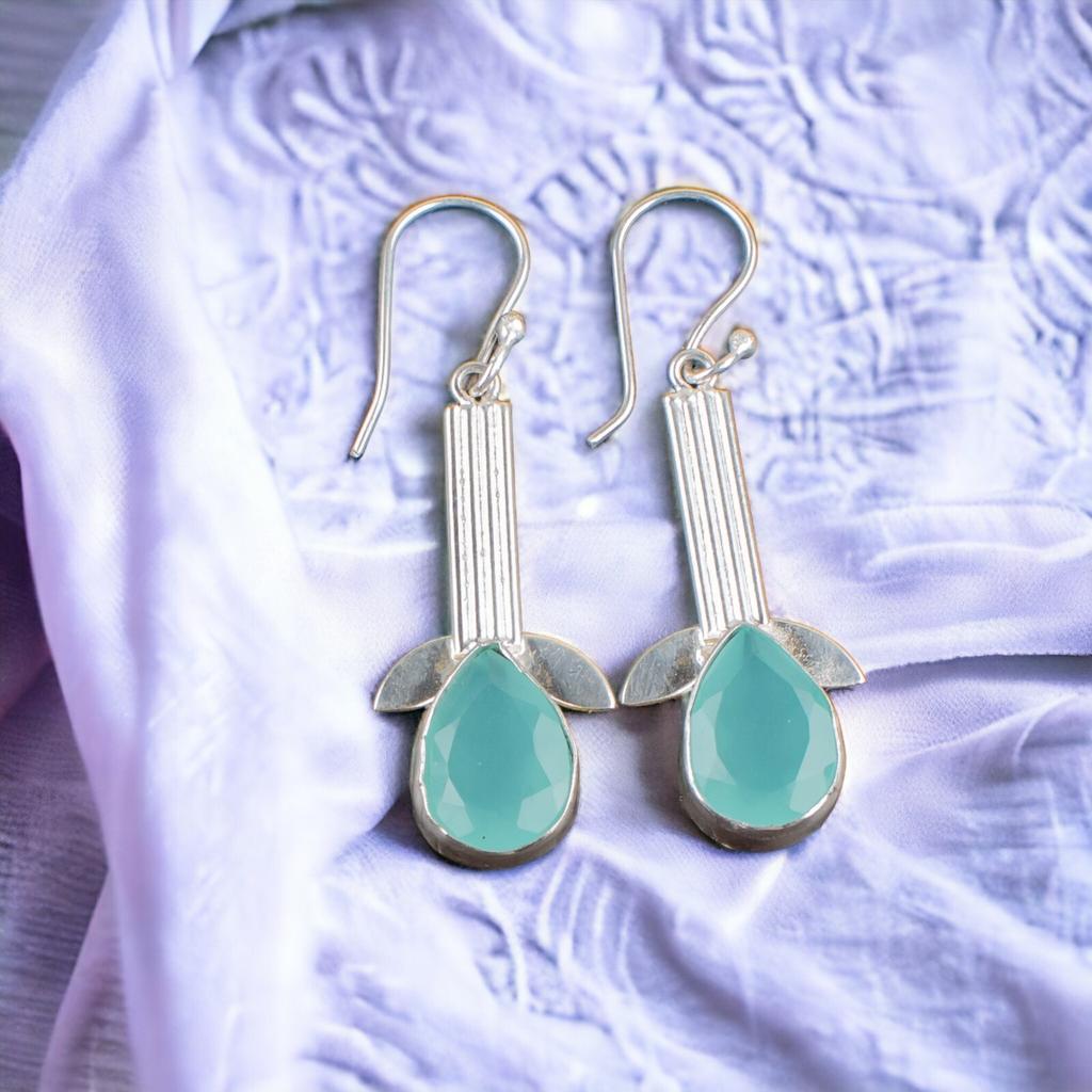 Gioielli in Argento Sterling 925 con Pietra di Calcedonio Acquamarina Naturale Orecchini a Pendente 2,00" EE-36-17
