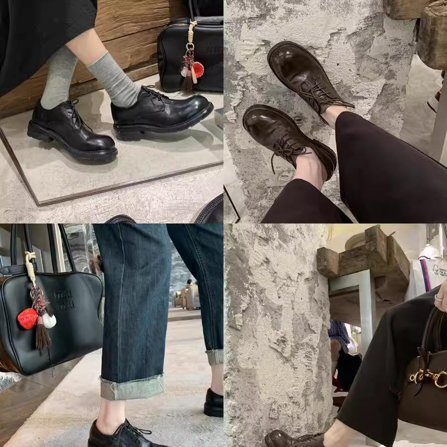 Cowhide Version Washed Shrinkage Leather Texture Derby Single Shoes Lace-up Small Leather Shoes Women's