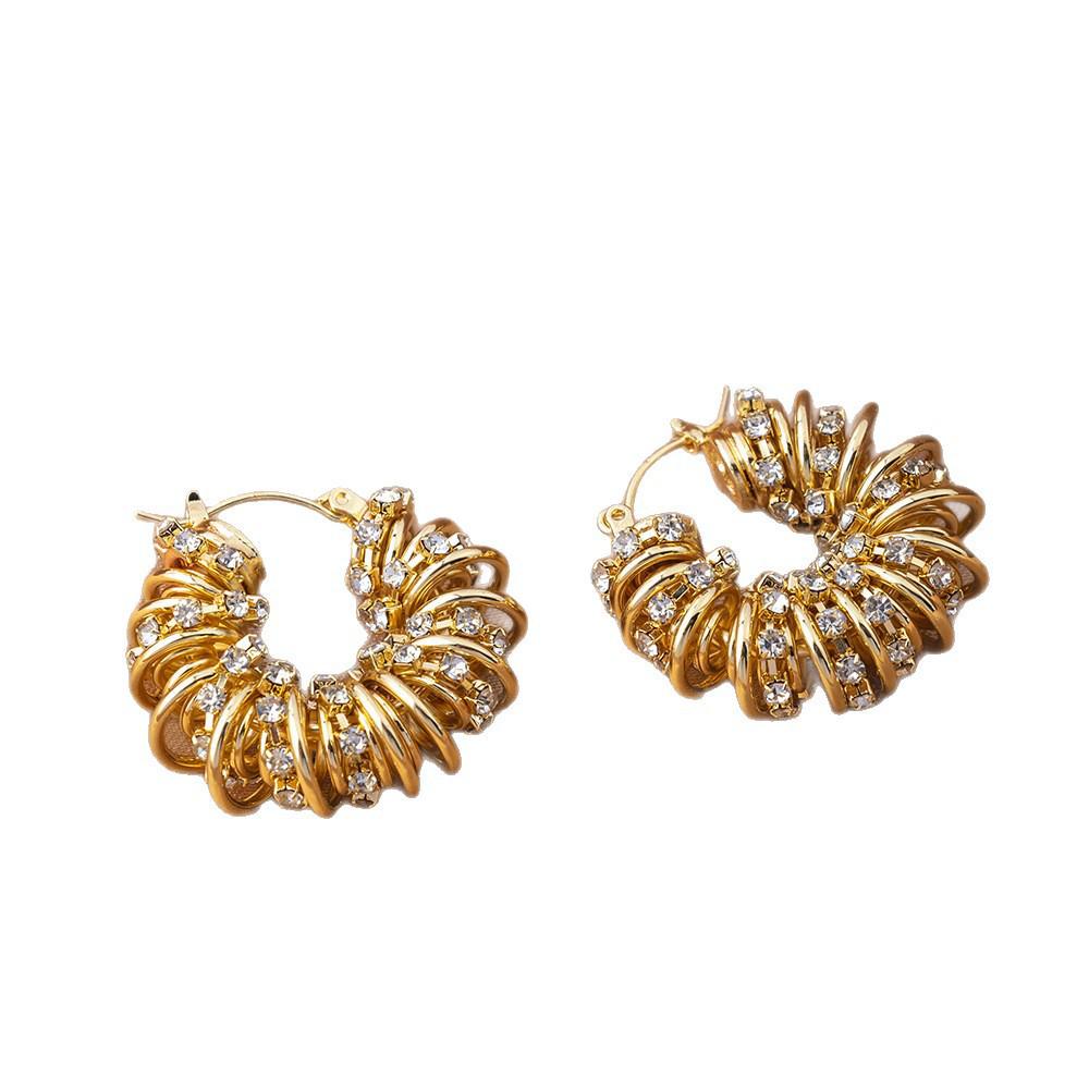 Evropské a americké spirálové náušnice s diamanty: Luxusní, špičkové kruhové náušnice s trendy, niche chladným stylem