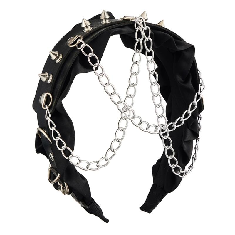 A52E Trendy Punk Headwear Leather Hair Band With Decorative Metal Chain