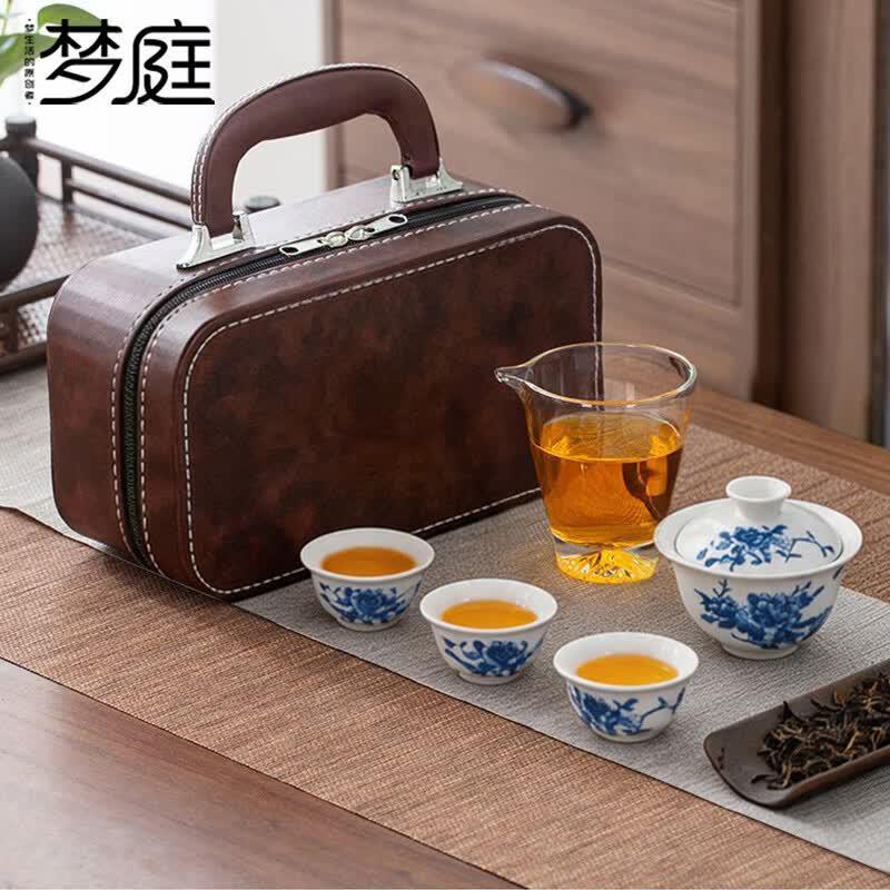 Portable Blue and White Ceramic Travel Tea Set