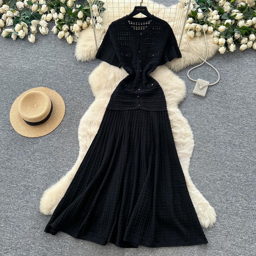 Summer Autumn Knitted Sweater Dress for Women Fashion Short Sleeve Single-breasted Hollow Out Elastic Simple Prom Dresses