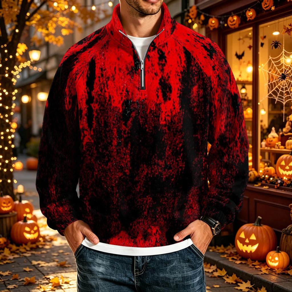 Men's Loose Fit Raglan Sleeve Sweatshirt with Stand Collar and Halloween Print for Parties and Daily Wear