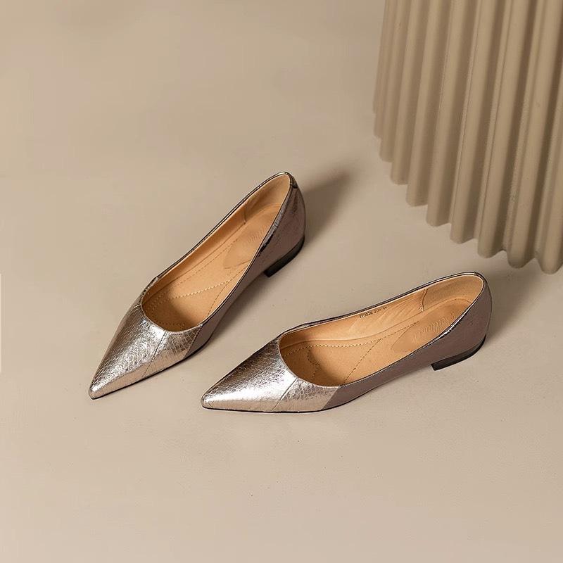 Sheepskin version~ 2025 new leather pattern pointed head low heel flat shoes light mouth four seasons versatile women's shoes silver single shoes