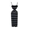 European and American Sexy Backless Sling Dress Women Summer New Elastic Striped Knitted Tight Slimming Sheath Long Dress