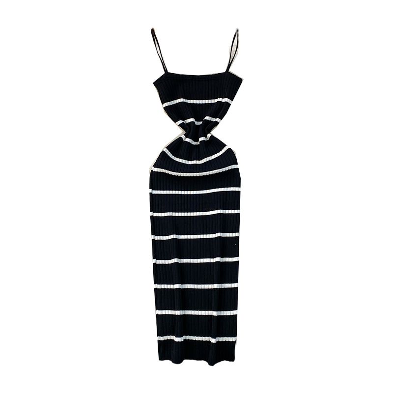 European and American Sexy Backless Sling Dress Women Summer New Elastic Striped Knitted Tight Slimming Sheath Long dress
