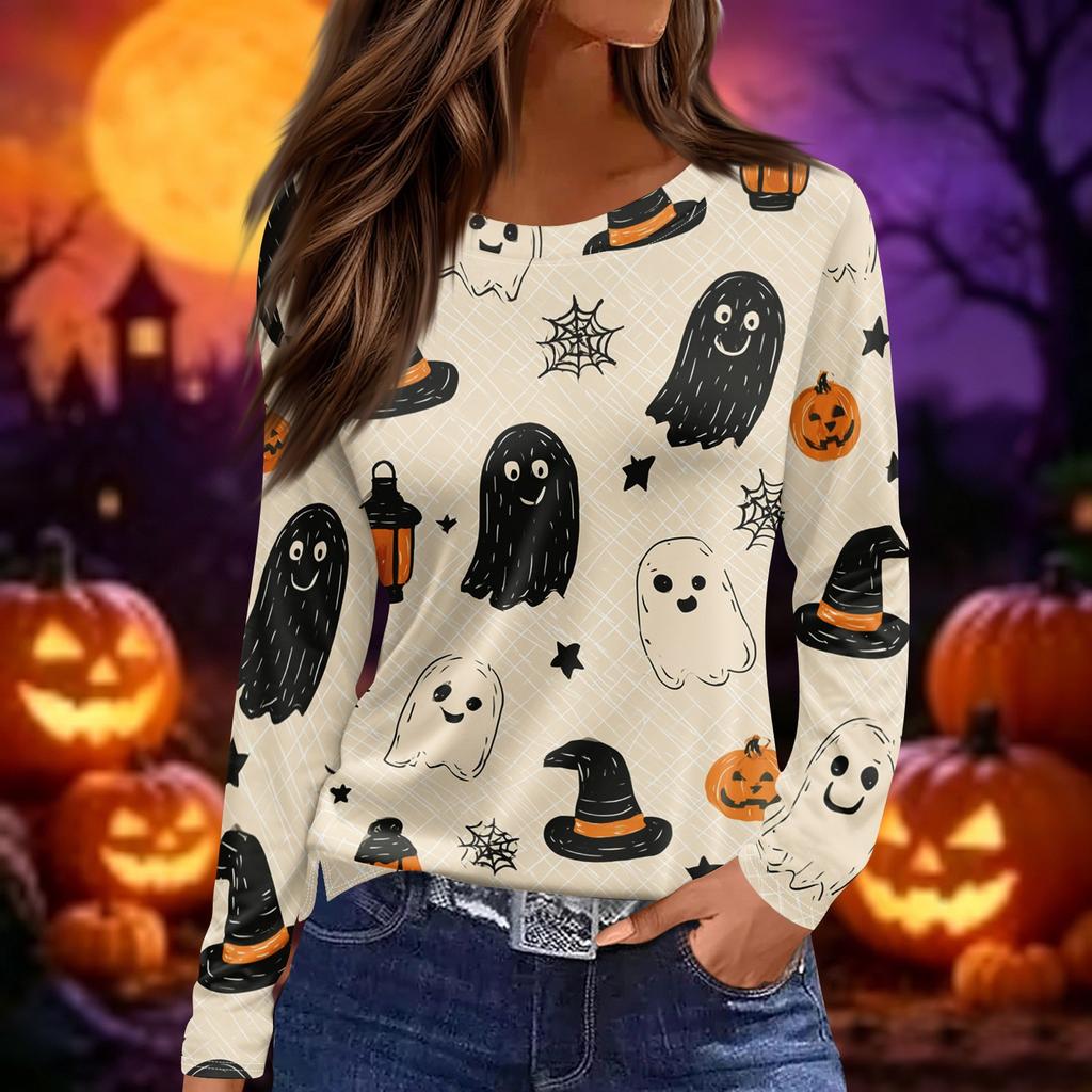 Women's Halloween Print Long Sleeve Round Neck Top with Hem Slits for Casual Fall Outings