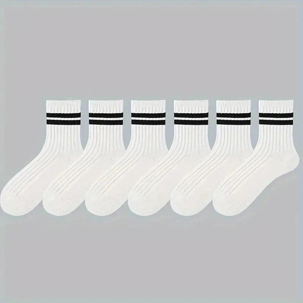 6 Pairs Men's Socks Spring Autumn Simple Casual Black White Striped Socks Breathable Mid Tube Sock High-quality Round Neck Socks