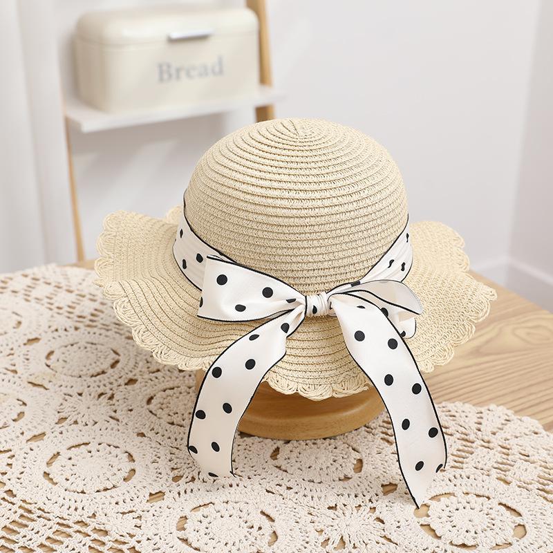 Summer children's straw hat wavy lace straw hat bag two-piece set foreign style cute flower sunscreen sun hat