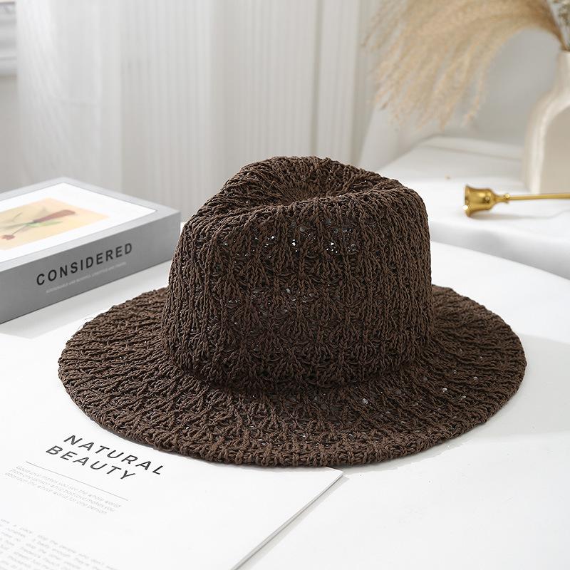 Outdoor spring and summer new sunscreen sun hat big brim sunshade bucket hat sunscreen women's knitted hat hollow jazz straw hat