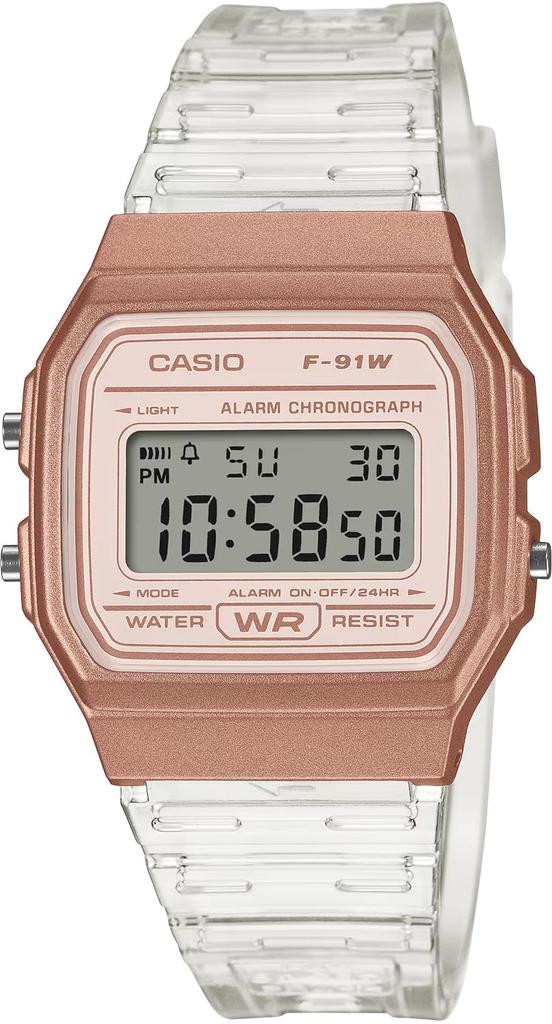 Casio Digital Quartz Watch F-91WS-7A3 Unisex Rose Gold Clear Compact 38mm Daily Life Waterproof