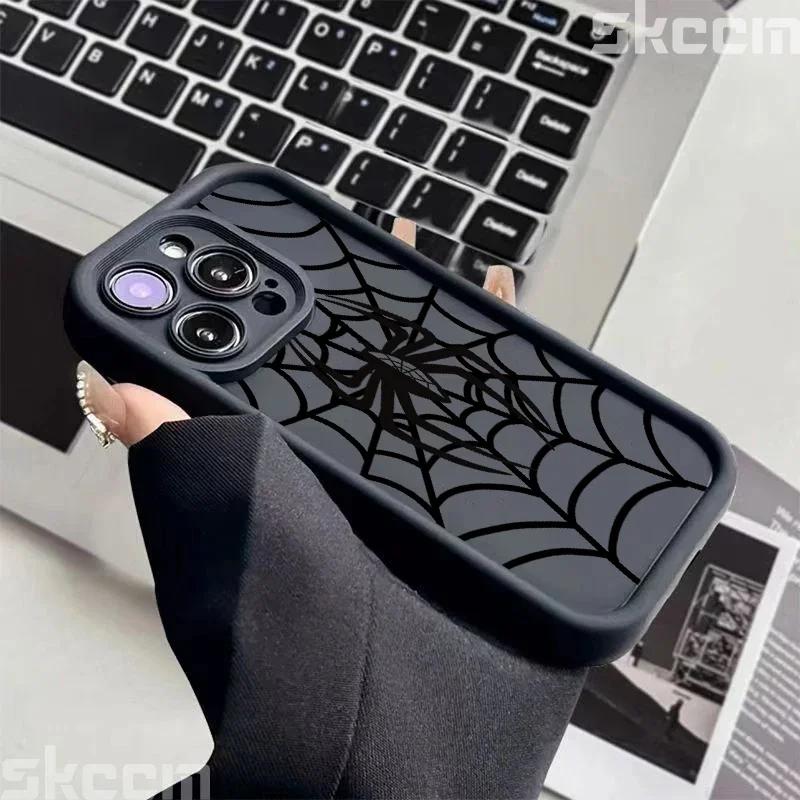 Black Spider Web Soft TPU Phone Case For iPhone 16 15 14 Pro Max 13 12 11 XR X XS 7 8 16 Plus Matte Shockproof Cover