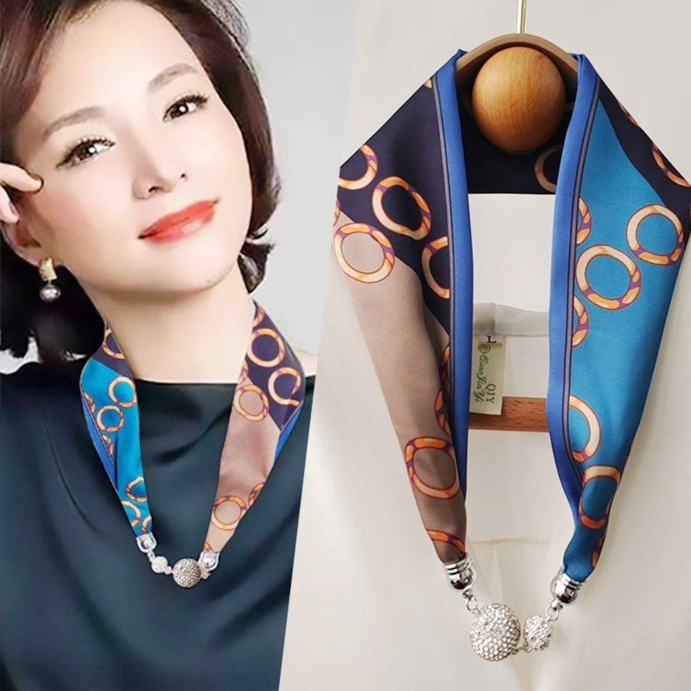 Pearl Diamond Silk Scarf Korean Retro Women's Scarf Chain Magnetic Buckle Scarf  Effortless Styling