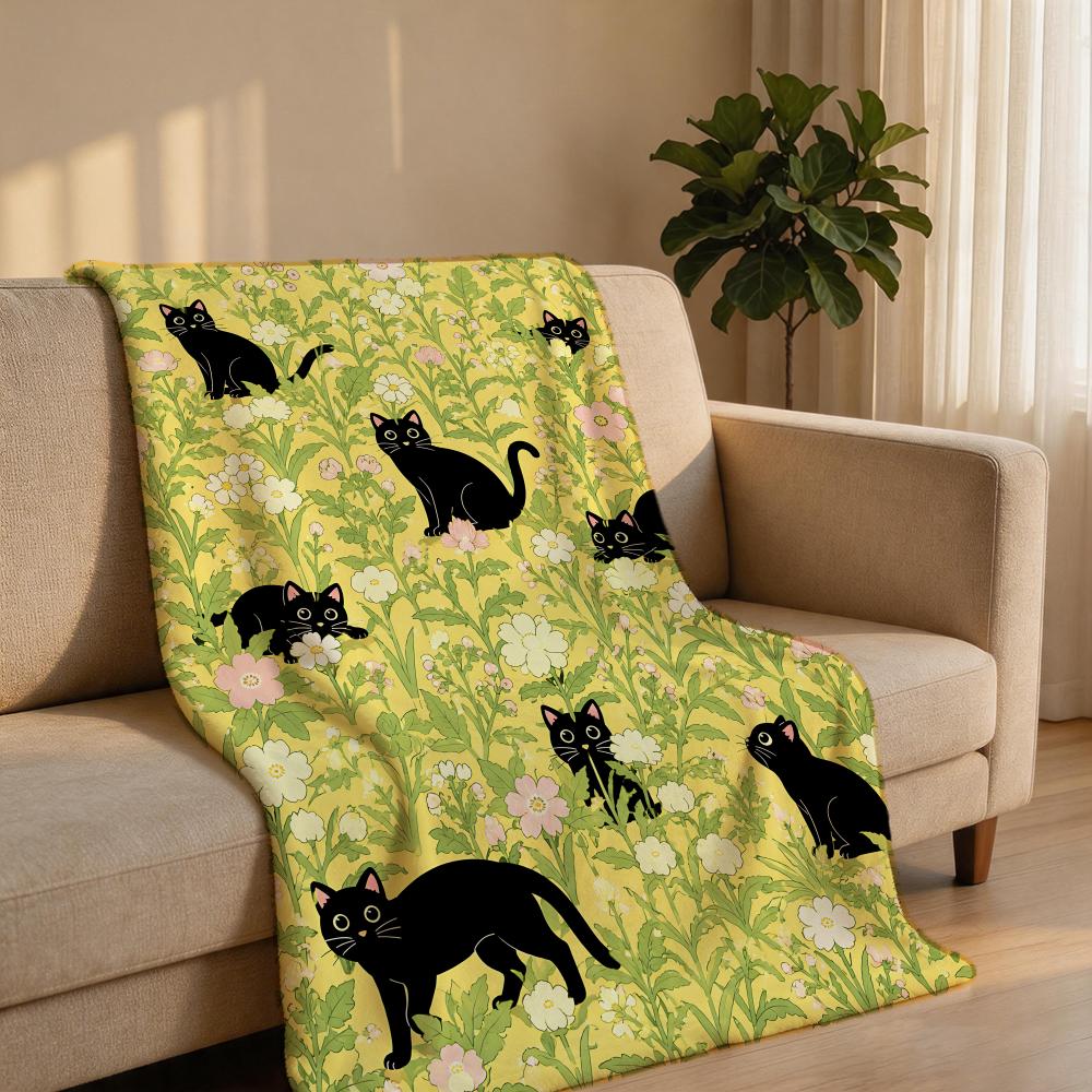 FloralBlackCat Throw Short Plush Throw Blanket Soft Skin-Friendly Multi-Scene Home Office