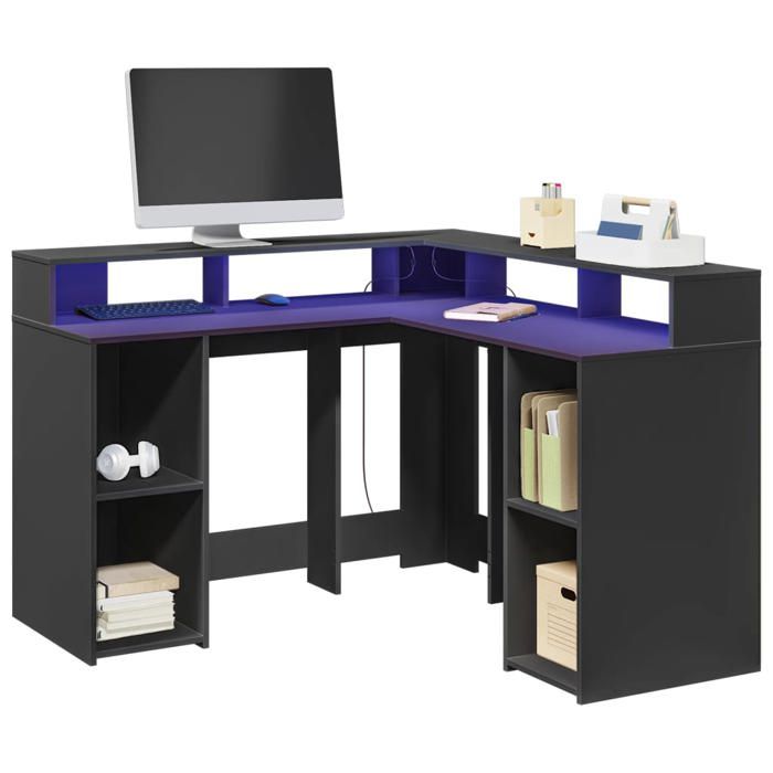 VidaXL Bureau avec lumières LED noir 130x130x91 cm bois d'ingénierie, bureau d'ordinateur, bureau d'écriture, meuble de 3309448