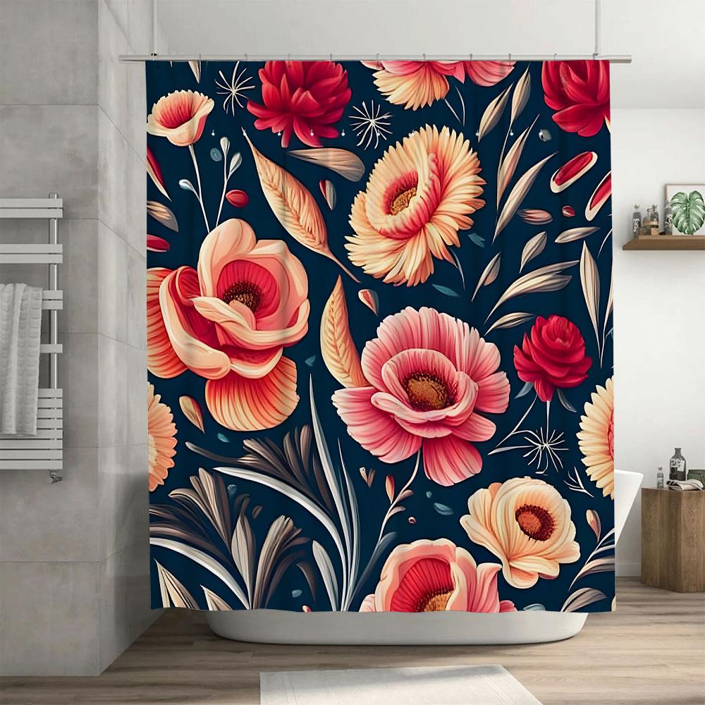 Vibrant Floral Shower Curtain Dark Blue Background With Pink White Flowers Pattern Decorative Bath Shower Curtain Set For Bathro