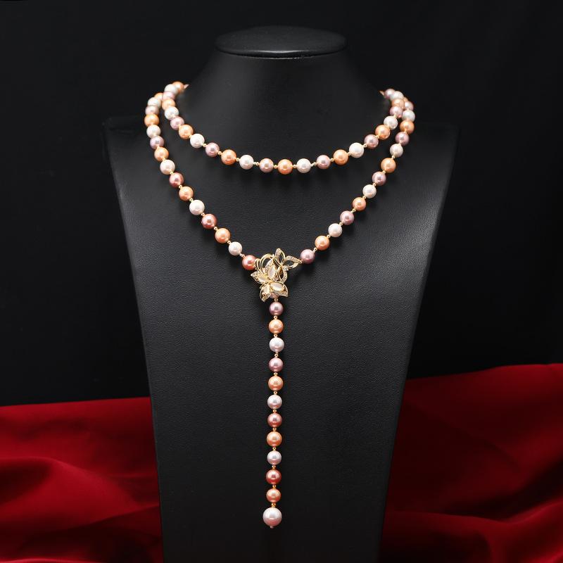 

High-end atmospheric pearl necklace, natural shell, elegant temperament, multi-layered, wearing autumn and winter red versatile sweater chain for wome