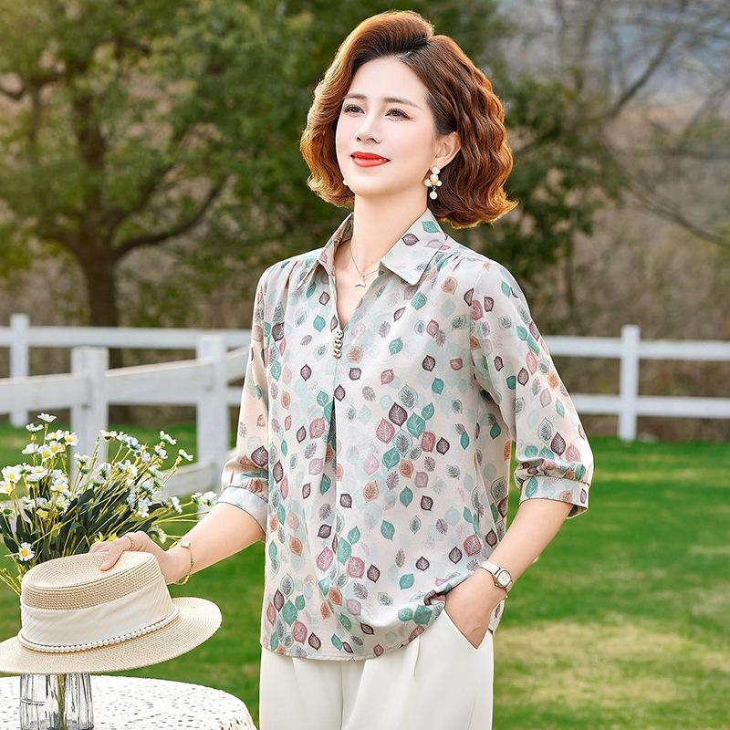 Summer 2026 Floral Print Women s Three-Quarter Sleeve Lapel Shirt - Casual, Versatile Style XL зелёный