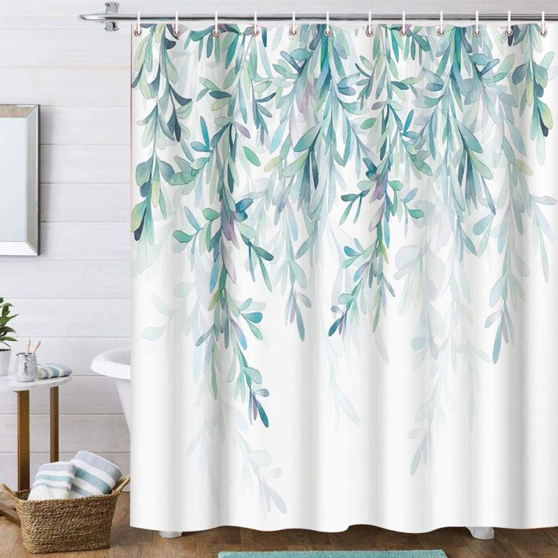 180x180cm Perdele de duș impermeabilă cu 12 cârlige Perdele de separare a camerei cu model de plante în stil nordic