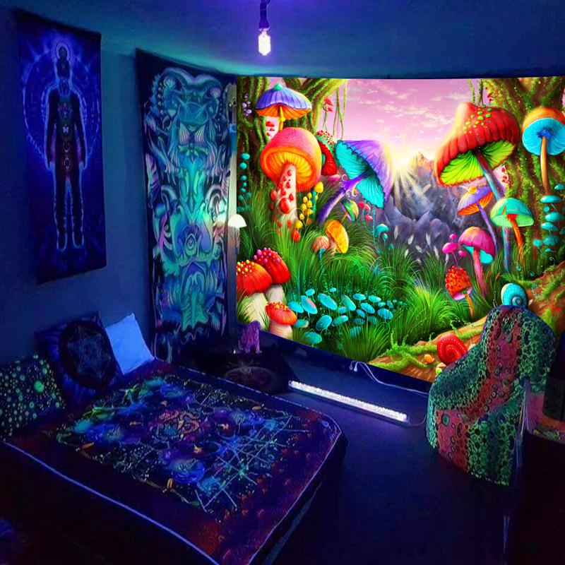 Black Light Tapestry Wall Hanging UV Reactive Psychedelic World Hippie  for Bedroom Dorm Indie Room Decor