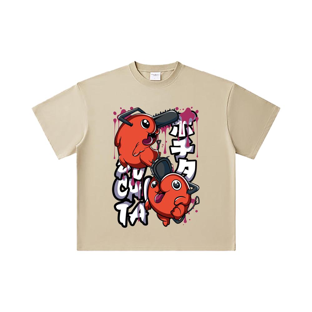 260 GSM Dvojitá příze 32 Počtu 100% Bavlna Chainsaw Man V37 Pochita Potisk Unisex Těžké Bavlněné Tričko