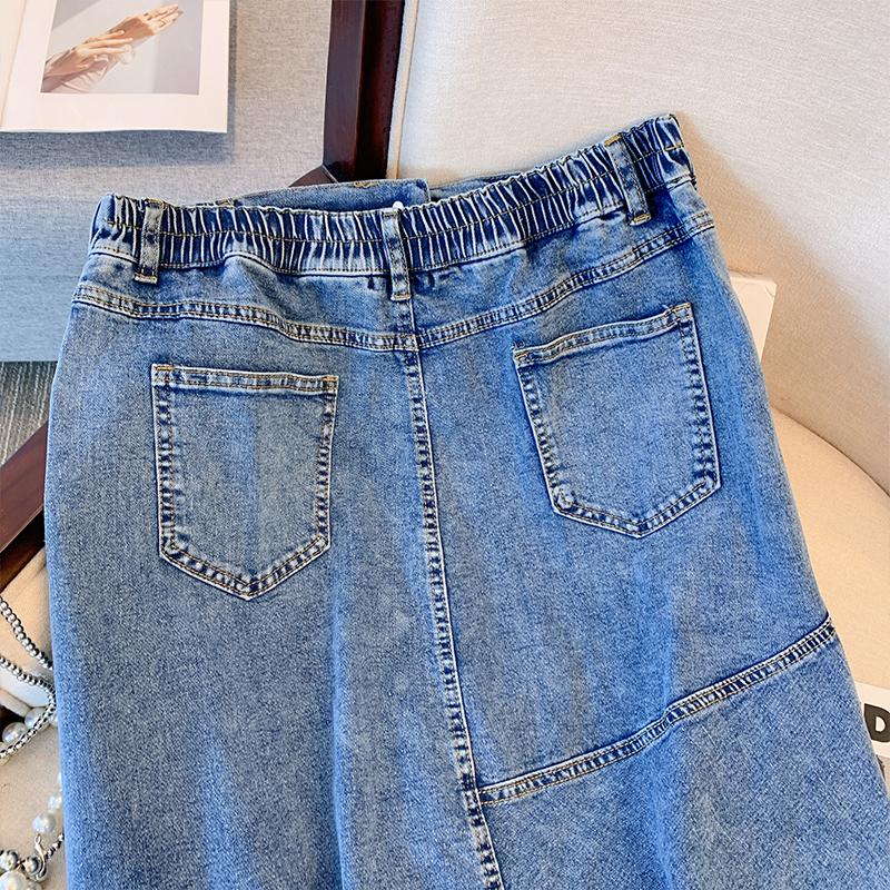 Plus Size Women's Spring Casual Denim Skirt Black Blue Slit Skirt Multiple Pockets Loose Comfortable Commuter Skirt Solid Color