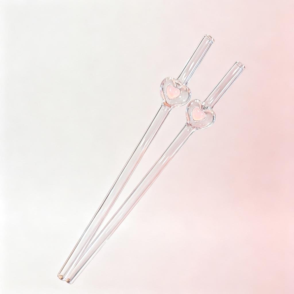 3pcs Heart Shape Glass Straw Set with Brush Reusable Glass Straw Suitable for Milkshakes Juices Coffee Kitchen Bar Accessories