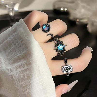 Love Sea Blue Zircon Dark Punk Style Personality Snake Open Ring Fashion Moonstone Niche Design Ring
