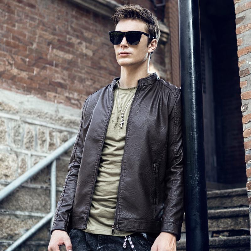 Giacca in pelle da uomo, giacca in pelle lavata, stile motociclista coreano slim